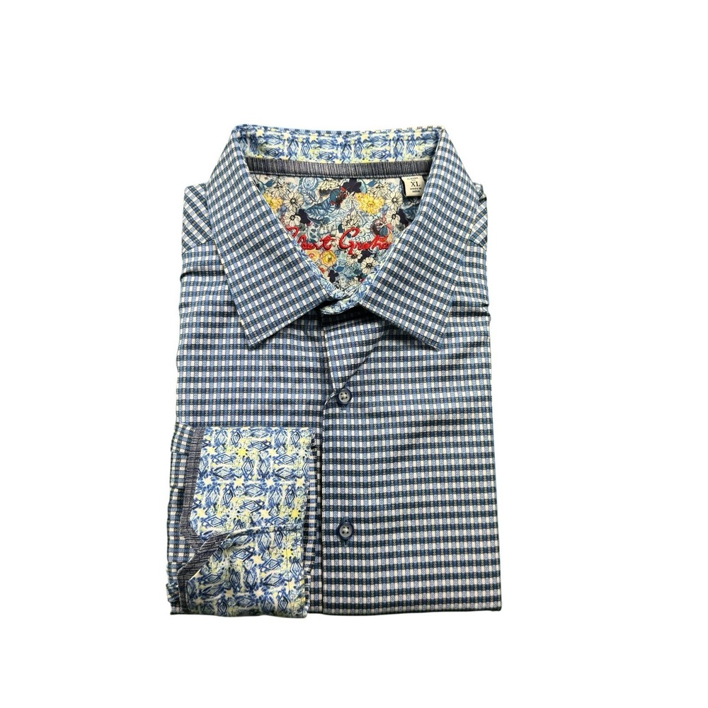 Robert Graham Blue White Checked Contrast Flip Cuff Men’s Button Front Size XL